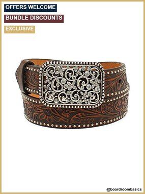 Girls Western Belt Floral Embossed Nailhead Crystal Buckle